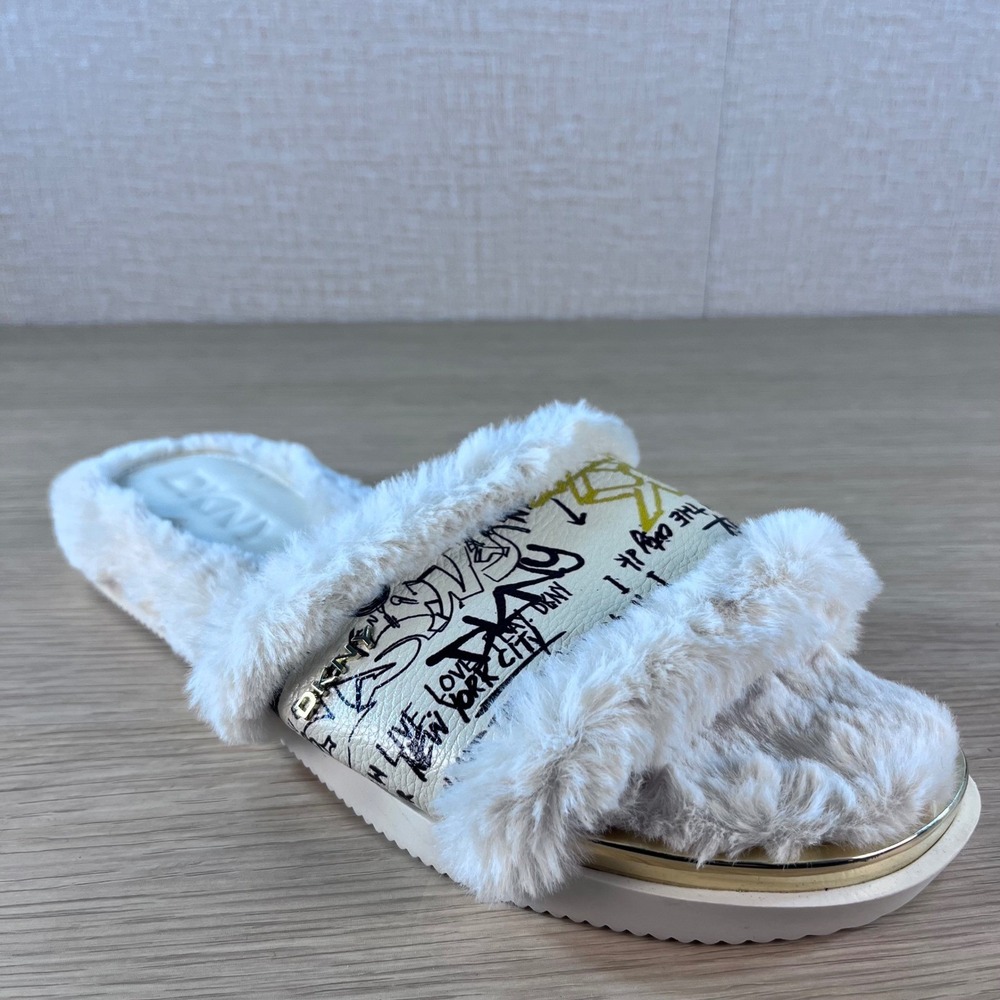 DKNY Womens Graffiti Print Faux Fur Slide Sandals White Gold K1147656 Size 8.5M